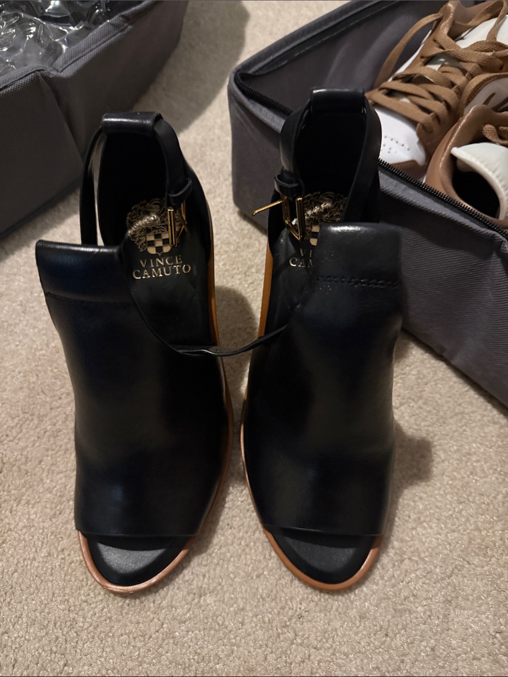 Vince Camuto Black Leather Open-Toe Mules with Tan Trim